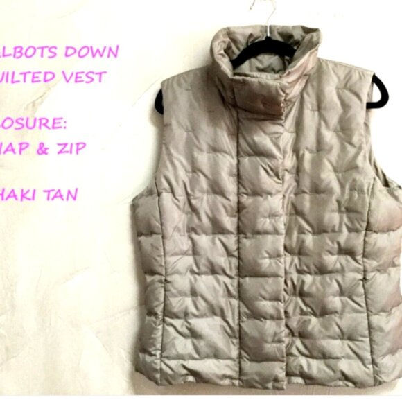 Talbots Women Size Large Quilted Vest Khaki Tan Zip & Snap Close Zip Pockets - Picture 4 of 11